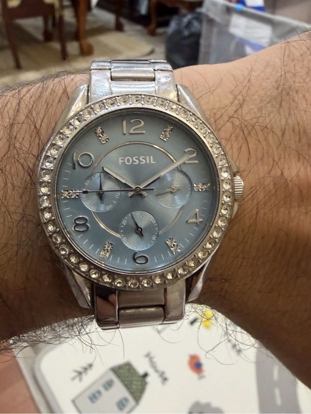 Fossil Riley ES3529 Watch Silver Stainless Steel Crystal Light Blue Dial Unisex